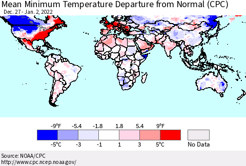World Mean Minimum Temperature Departure from Normal (CPC) Thematic Map For 12/27/2021 - 1/2/2022