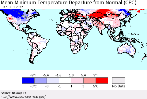 World Mean Minimum Temperature Departure from Normal (CPC) Thematic Map For 1/3/2022 - 1/9/2022