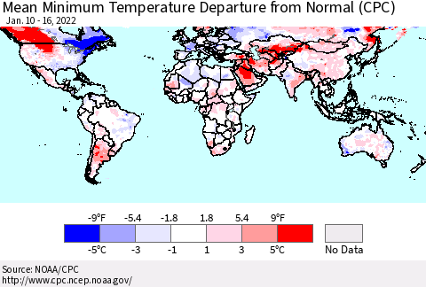 World Mean Minimum Temperature Departure from Normal (CPC) Thematic Map For 1/10/2022 - 1/16/2022