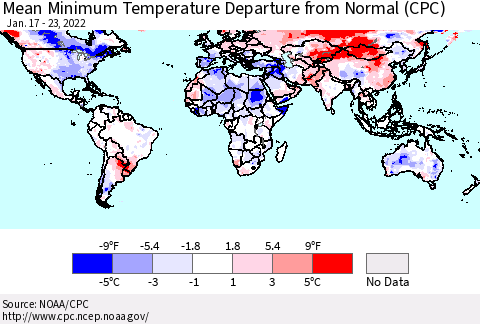 World Mean Minimum Temperature Departure from Normal (CPC) Thematic Map For 1/17/2022 - 1/23/2022