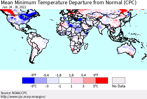 World Mean Minimum Temperature Departure from Normal (CPC) Thematic Map For 1/24/2022 - 1/30/2022
