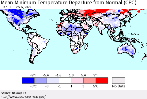 World Mean Minimum Temperature Departure from Normal (CPC) Thematic Map For 1/31/2022 - 2/6/2022