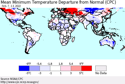 World Mean Minimum Temperature Departure from Normal (CPC) Thematic Map For 2/7/2022 - 2/13/2022