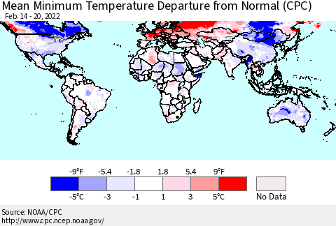 World Mean Minimum Temperature Departure from Normal (CPC) Thematic Map For 2/14/2022 - 2/20/2022