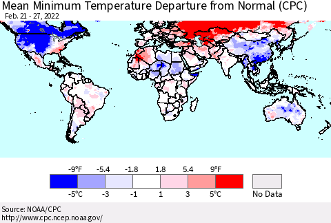World Mean Minimum Temperature Departure from Normal (CPC) Thematic Map For 2/21/2022 - 2/27/2022