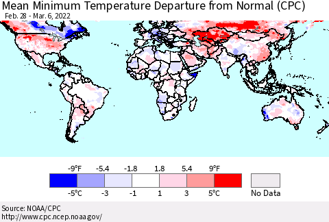 World Mean Minimum Temperature Departure from Normal (CPC) Thematic Map For 2/28/2022 - 3/6/2022