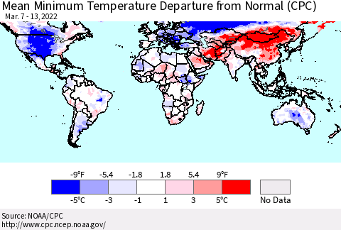 World Mean Minimum Temperature Departure from Normal (CPC) Thematic Map For 3/7/2022 - 3/13/2022