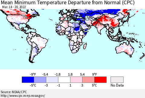 World Mean Minimum Temperature Departure from Normal (CPC) Thematic Map For 3/14/2022 - 3/20/2022
