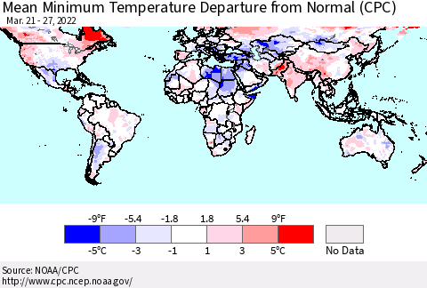 World Mean Minimum Temperature Departure from Normal (CPC) Thematic Map For 3/21/2022 - 3/27/2022