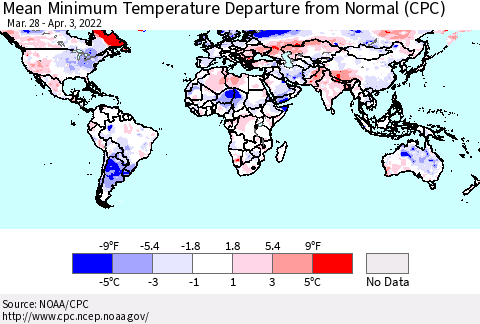 World Mean Minimum Temperature Departure from Normal (CPC) Thematic Map For 3/28/2022 - 4/3/2022