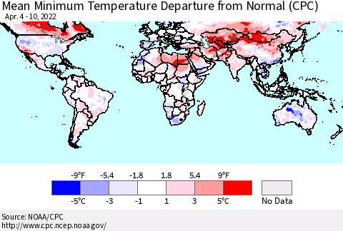 World Mean Minimum Temperature Departure from Normal (CPC) Thematic Map For 4/4/2022 - 4/10/2022