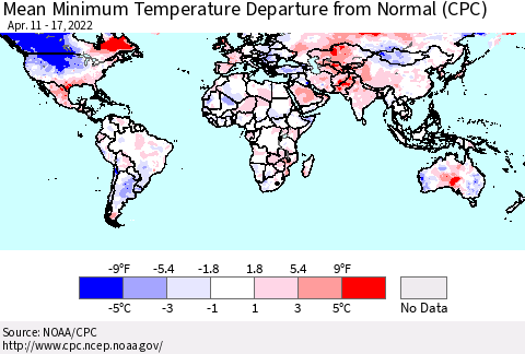 World Mean Minimum Temperature Departure from Normal (CPC) Thematic Map For 4/11/2022 - 4/17/2022
