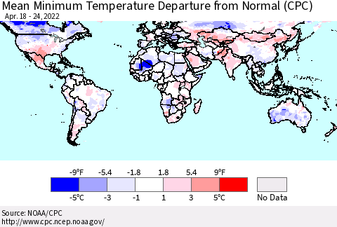 World Mean Minimum Temperature Departure from Normal (CPC) Thematic Map For 4/18/2022 - 4/24/2022