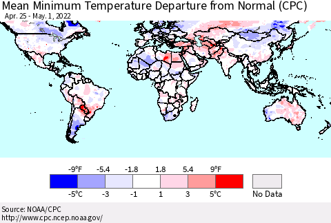 World Mean Minimum Temperature Departure from Normal (CPC) Thematic Map For 4/25/2022 - 5/1/2022