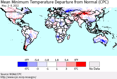 World Mean Minimum Temperature Departure from Normal (CPC) Thematic Map For 5/2/2022 - 5/8/2022