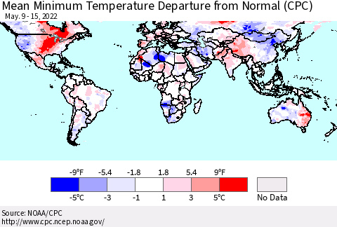 World Mean Minimum Temperature Departure from Normal (CPC) Thematic Map For 5/9/2022 - 5/15/2022