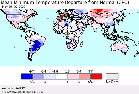 World Mean Minimum Temperature Departure from Normal (CPC) Thematic Map For 5/16/2022 - 5/22/2022