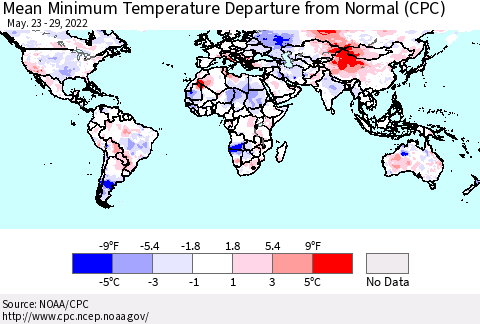 World Mean Minimum Temperature Departure from Normal (CPC) Thematic Map For 5/23/2022 - 5/29/2022