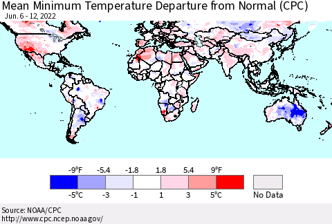 World Mean Minimum Temperature Departure from Normal (CPC) Thematic Map For 6/6/2022 - 6/12/2022