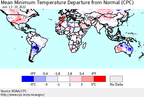 World Mean Minimum Temperature Departure from Normal (CPC) Thematic Map For 6/13/2022 - 6/19/2022