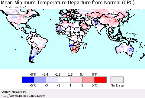 World Mean Minimum Temperature Departure from Normal (CPC) Thematic Map For 6/20/2022 - 6/26/2022