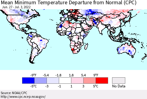 World Mean Minimum Temperature Departure from Normal (CPC) Thematic Map For 6/27/2022 - 7/3/2022