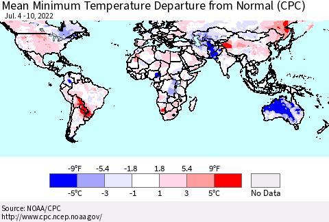 World Mean Minimum Temperature Departure from Normal (CPC) Thematic Map For 7/4/2022 - 7/10/2022