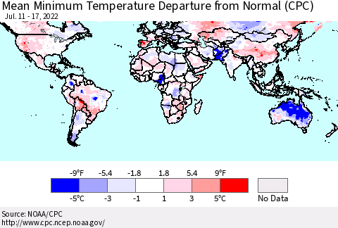 World Mean Minimum Temperature Departure from Normal (CPC) Thematic Map For 7/11/2022 - 7/17/2022