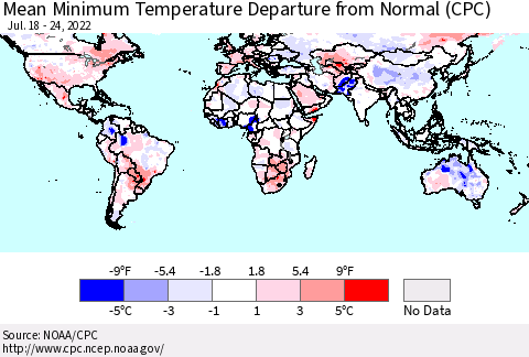 World Mean Minimum Temperature Departure from Normal (CPC) Thematic Map For 7/18/2022 - 7/24/2022