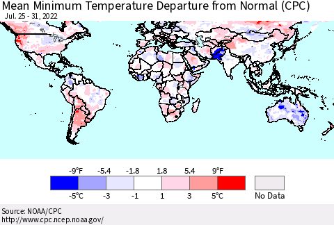World Mean Minimum Temperature Departure from Normal (CPC) Thematic Map For 7/25/2022 - 7/31/2022