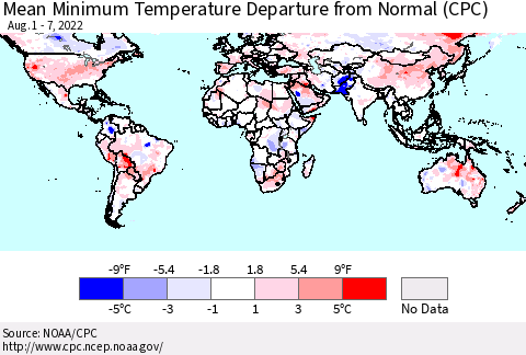 World Mean Minimum Temperature Departure from Normal (CPC) Thematic Map For 8/1/2022 - 8/7/2022