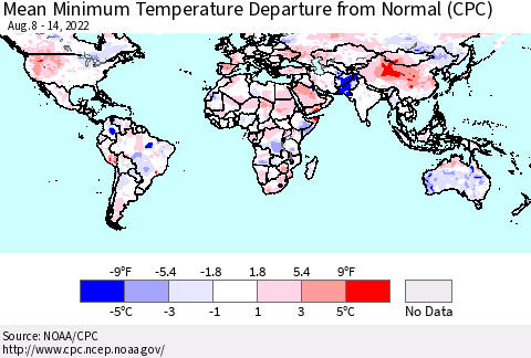 World Mean Minimum Temperature Departure from Normal (CPC) Thematic Map For 8/8/2022 - 8/14/2022