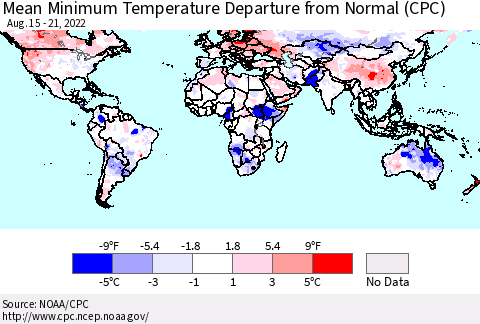 World Mean Minimum Temperature Departure from Normal (CPC) Thematic Map For 8/15/2022 - 8/21/2022