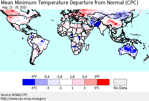 World Mean Minimum Temperature Departure from Normal (CPC) Thematic Map For 8/22/2022 - 8/28/2022