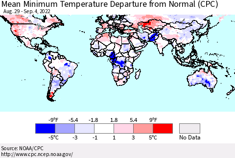 World Mean Minimum Temperature Departure from Normal (CPC) Thematic Map For 8/29/2022 - 9/4/2022