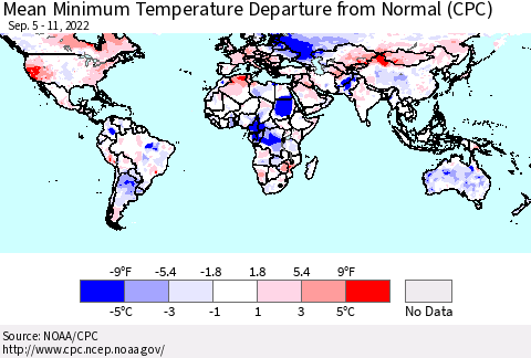 World Mean Minimum Temperature Departure from Normal (CPC) Thematic Map For 9/5/2022 - 9/11/2022