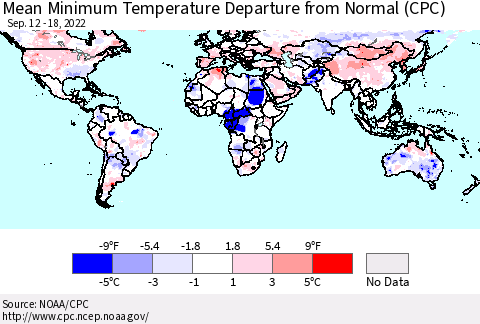 World Mean Minimum Temperature Departure from Normal (CPC) Thematic Map For 9/12/2022 - 9/18/2022
