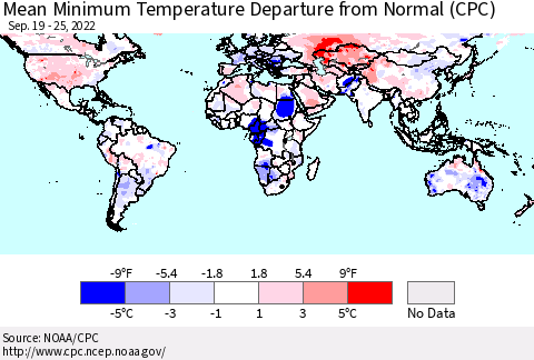 World Mean Minimum Temperature Departure from Normal (CPC) Thematic Map For 9/19/2022 - 9/25/2022