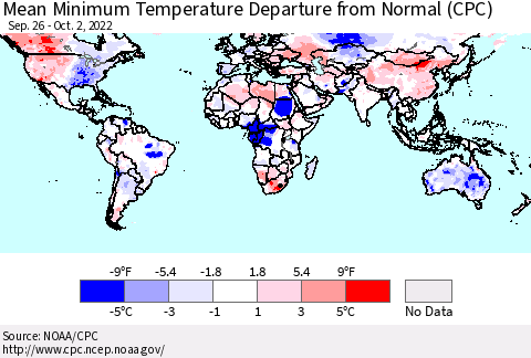 World Mean Minimum Temperature Departure from Normal (CPC) Thematic Map For 9/26/2022 - 10/2/2022