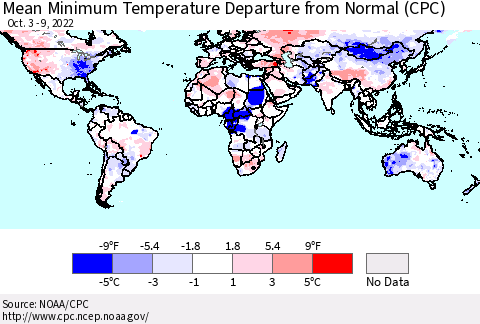 World Mean Minimum Temperature Departure from Normal (CPC) Thematic Map For 10/3/2022 - 10/9/2022