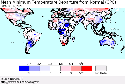 World Mean Minimum Temperature Departure from Normal (CPC) Thematic Map For 10/10/2022 - 10/16/2022