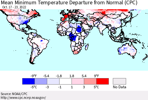 World Mean Minimum Temperature Departure from Normal (CPC) Thematic Map For 10/17/2022 - 10/23/2022