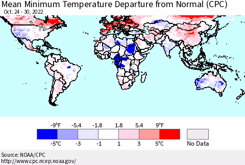 World Mean Minimum Temperature Departure from Normal (CPC) Thematic Map For 10/24/2022 - 10/30/2022