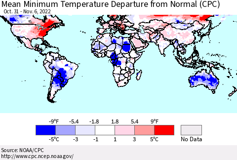 World Mean Minimum Temperature Departure from Normal (CPC) Thematic Map For 10/31/2022 - 11/6/2022