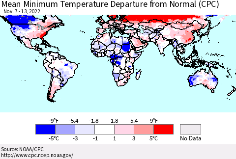 World Mean Minimum Temperature Departure from Normal (CPC) Thematic Map For 11/7/2022 - 11/13/2022