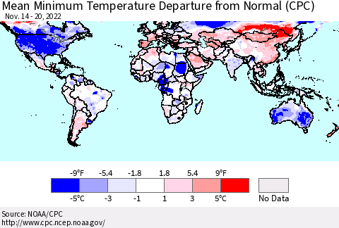 World Mean Minimum Temperature Departure from Normal (CPC) Thematic Map For 11/14/2022 - 11/20/2022