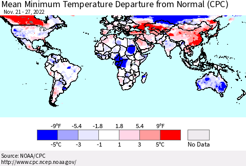 World Mean Minimum Temperature Departure from Normal (CPC) Thematic Map For 11/21/2022 - 11/27/2022