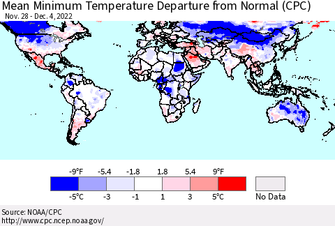 World Mean Minimum Temperature Departure from Normal (CPC) Thematic Map For 11/28/2022 - 12/4/2022