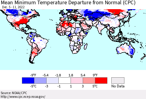 World Mean Minimum Temperature Departure from Normal (CPC) Thematic Map For 12/5/2022 - 12/11/2022