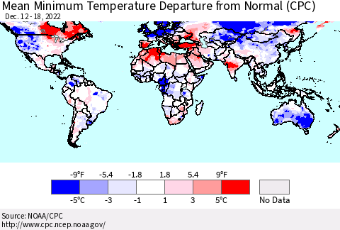 World Mean Minimum Temperature Departure from Normal (CPC) Thematic Map For 12/12/2022 - 12/18/2022